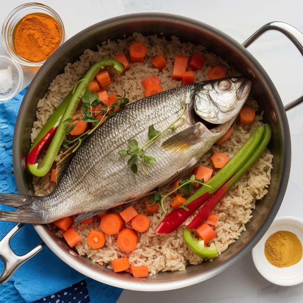 A cooked whole fish served in a pan with rice, carrots, red and green peppers, garnished with herbs, alongside bowls of turmeric and salt on a marble countertop.