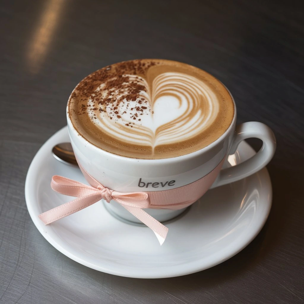 A breve coffee with latte art, served in a white cup with a ribbon around it, placed on a saucer.
