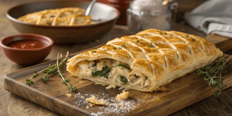 A beautifully baked golden chicken and cheese jalousie on a wooden board garnished with fresh herbs, ready to serve.