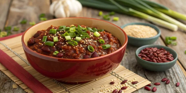 A vibrant bowl of Sun Lee Buddha Red Bean dish garnished with green onions and sesame seeds, placed on a rustic wooden table with red beans, garlic, and seasonings in the background.