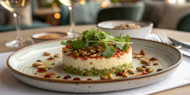 Elegantly plated Terra Massoud dish on a stylish plate, garnished with fresh herbs and toasted seeds.