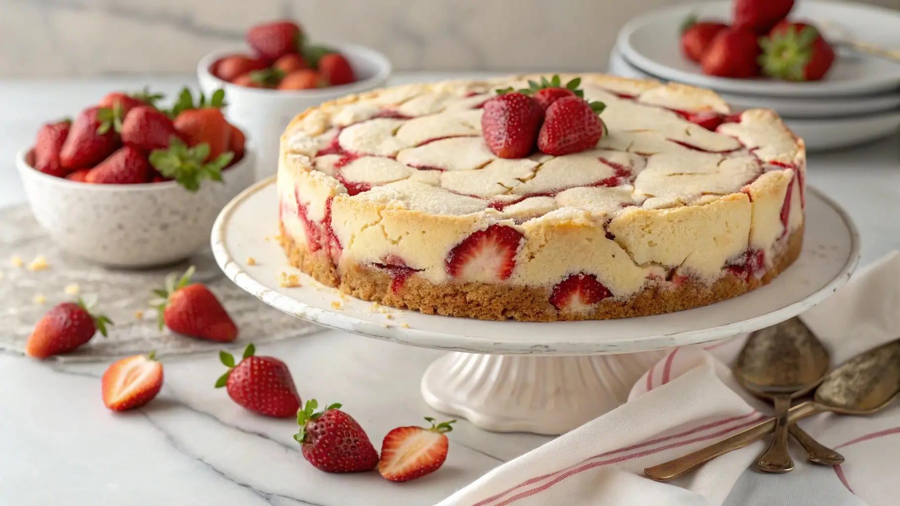 Freshly baked strawberry earthquake cake with cracked top and cheesecake swirls