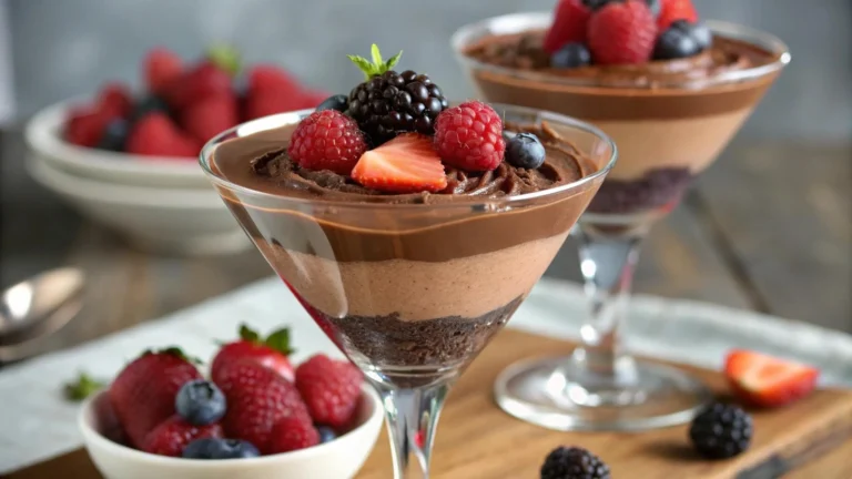 Chocolate Trilogy Mousse topped with fresh berries in elegant glassware.