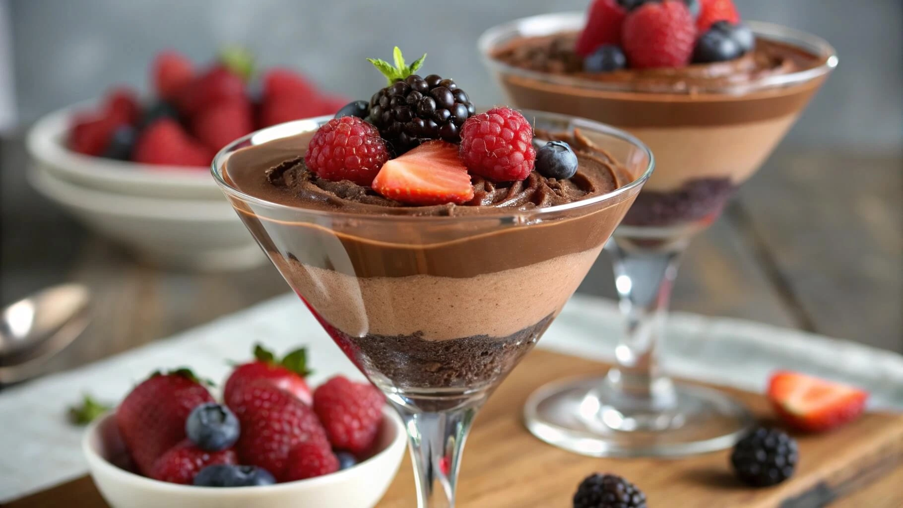 Chocolate Trilogy Mousse topped with fresh berries in elegant glassware.