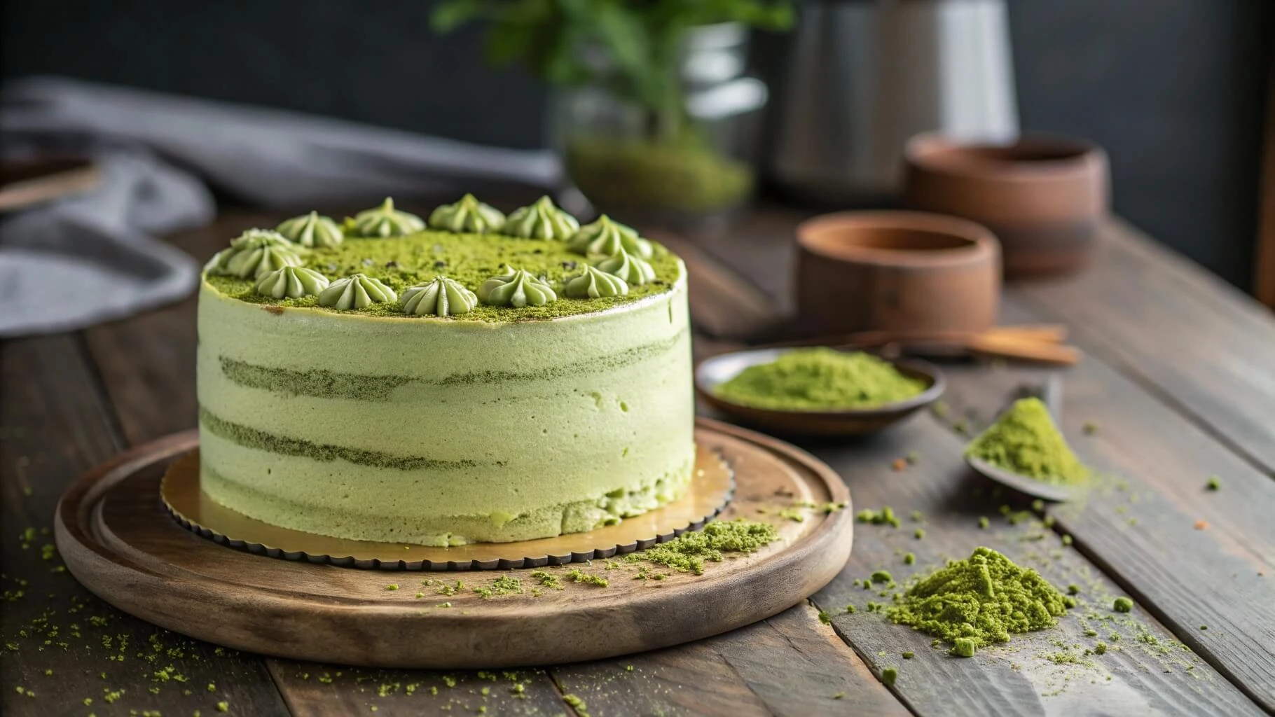 A vegan matcha cake decorated with a dusting of matcha.