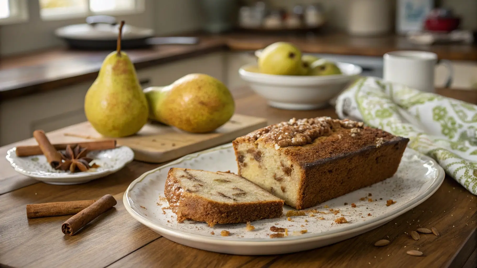 Slice of homemade pear bread on a plate