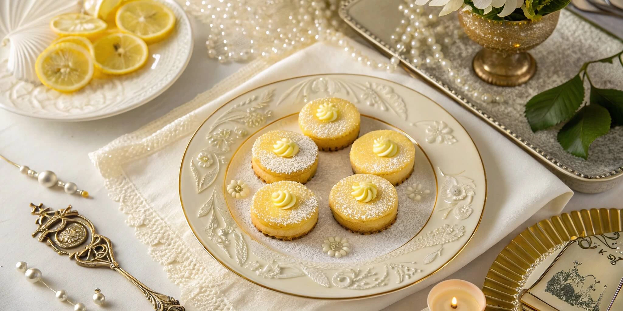 Overhead view of Jazz Age inspired lemon cakes on elegant vintage table.