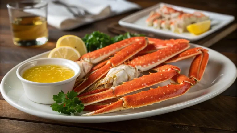 A plate of freshly cooked snow crab legs with butter and lemon.