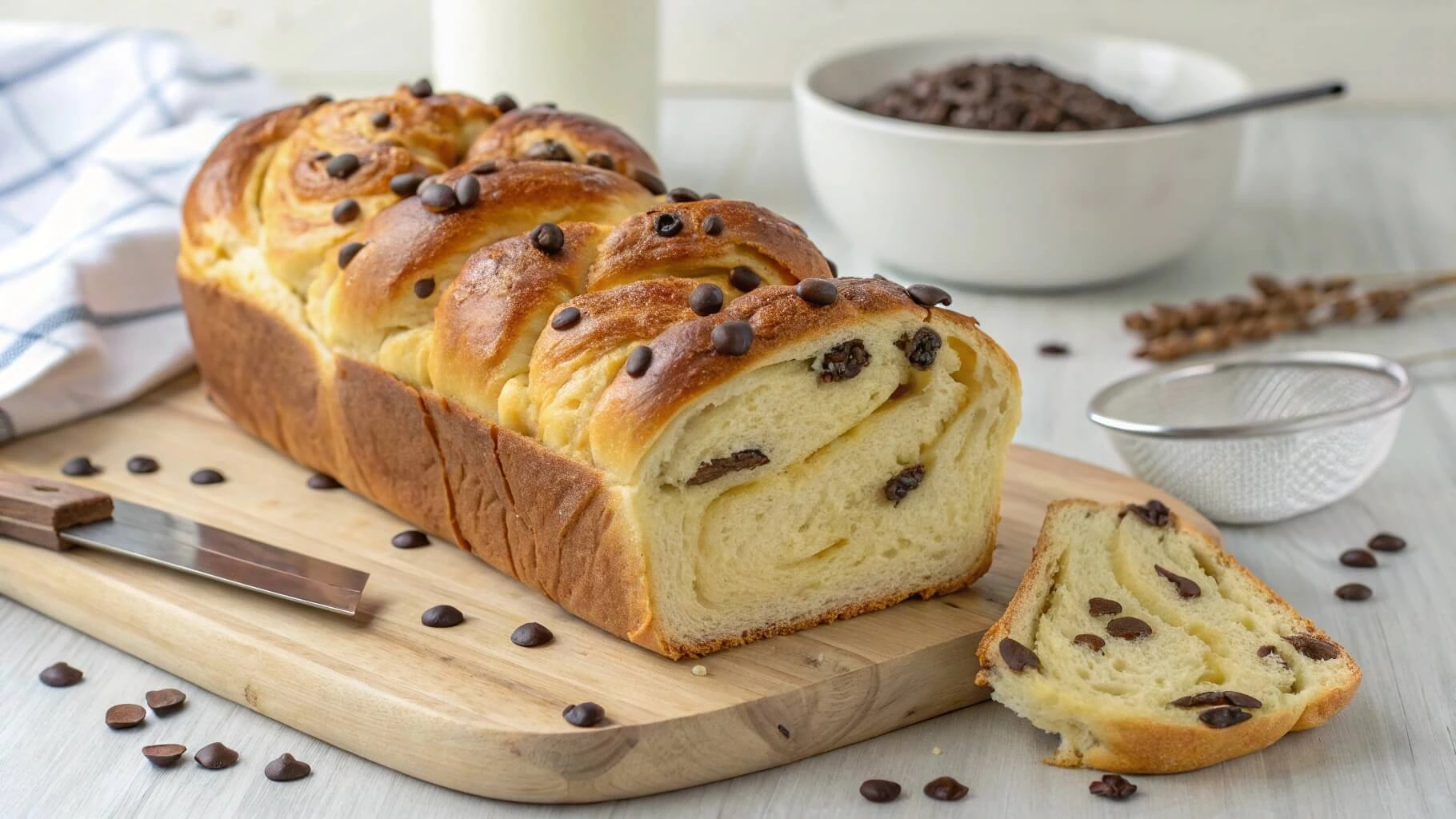 A freshly baked braided chocolate chip brioche loaf with a golden-brown crust, topped with chocolate chips, placed on a wooden cutting board with a knife, scattered chocolate chips, and baking ingredients in the background.