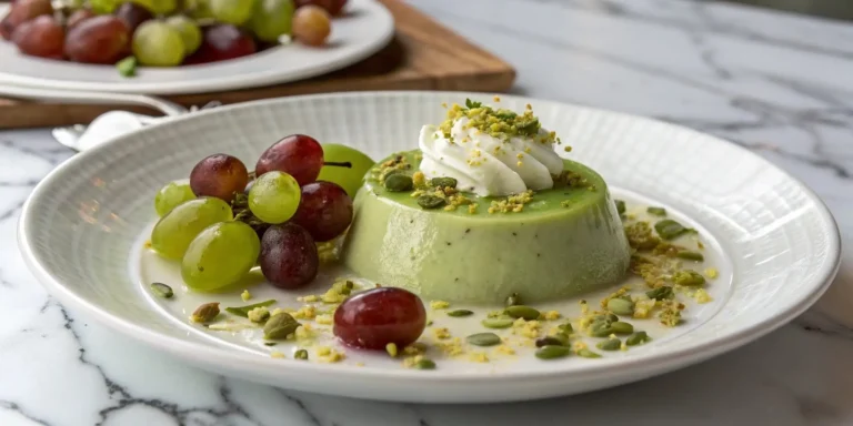 Creamy pistachio pudding recipe with grapes, crushed pistachios, and fresh grapes on a white plate.