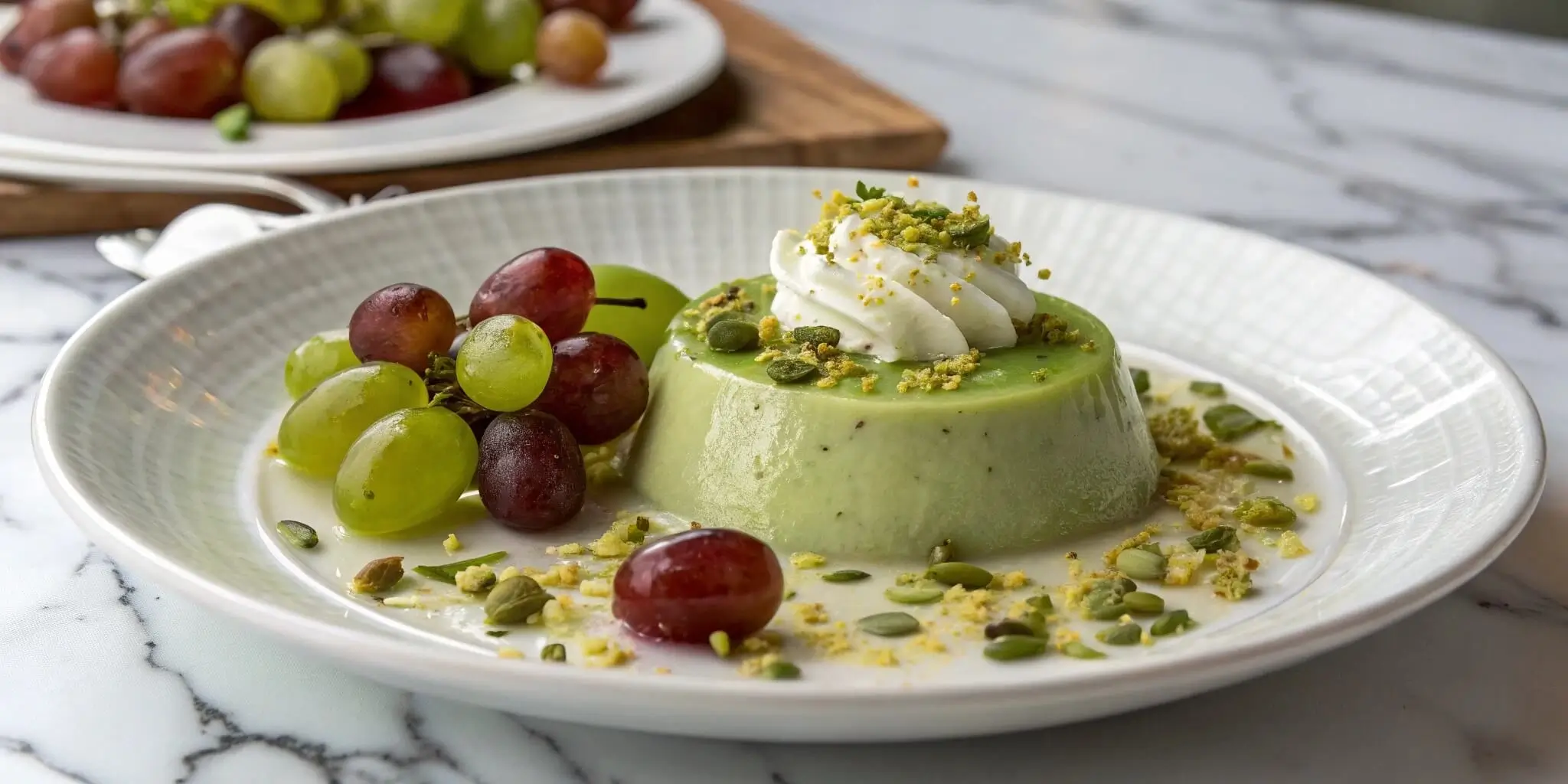 Creamy pistachio pudding recipe with grapes, crushed pistachios, and fresh grapes on a white plate.
