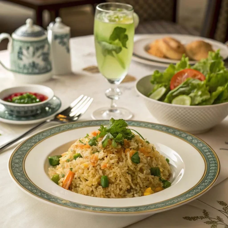 Overhead view of Anjappar Egg Fried Rice garnished with scallions and coriander