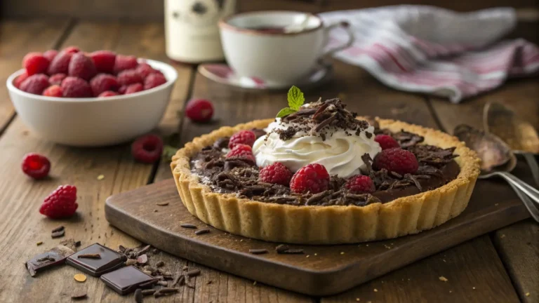 Delicious Baileys pie served with whipped cream and raspberries.