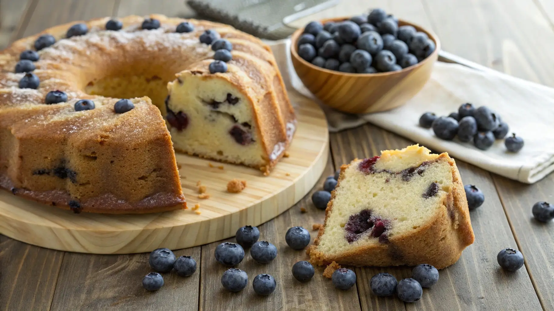 Blueberry pound cake on a wooden table