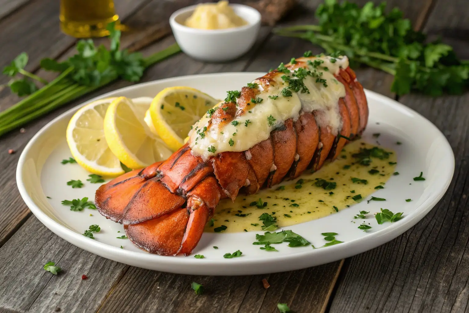 Plated lobster with garlic butter