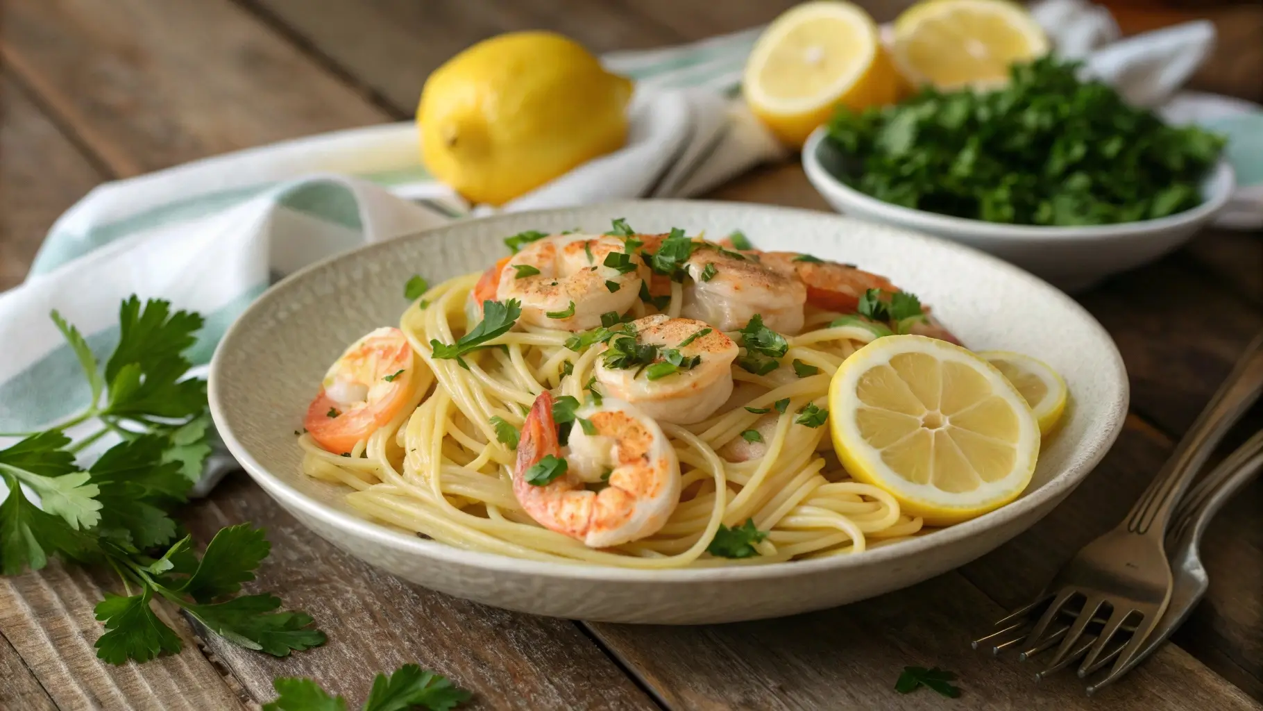 Delicious shrimp scampi with linguine