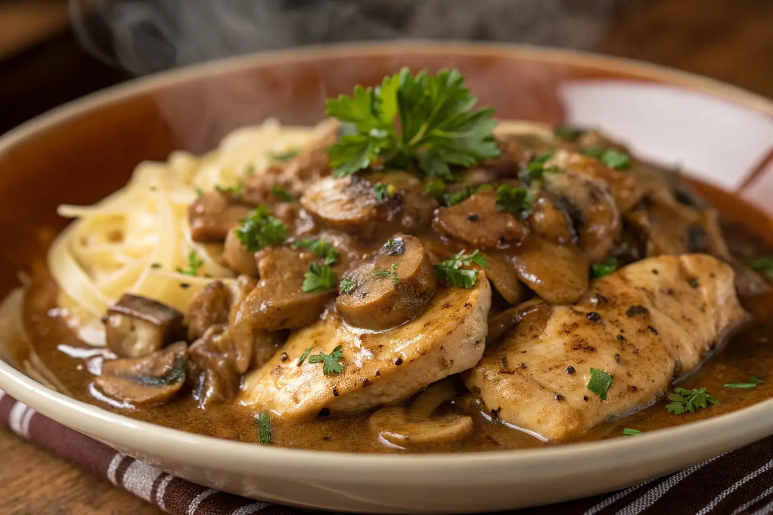 Steaming plate of gluten-free chicken marsala
