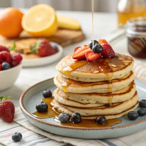 Delicious Edmonds pancakes served with syrup and berries.