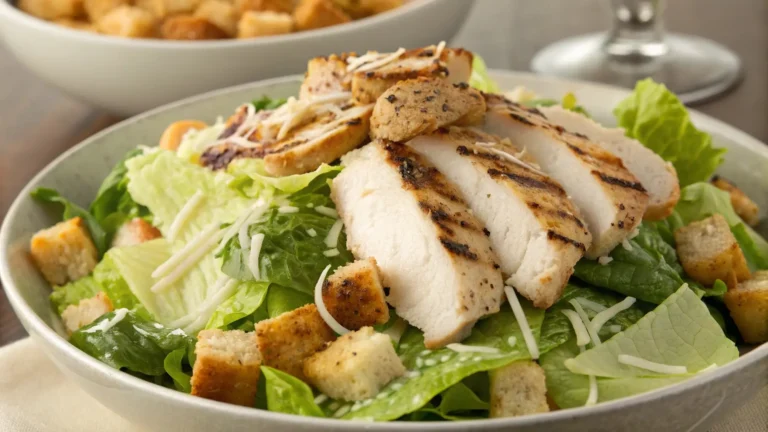 Grilled Caesar chicken served on romaine lettuce.