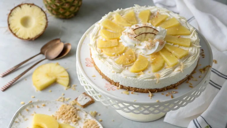 Finished Pina Colada Cake on Cake Stand