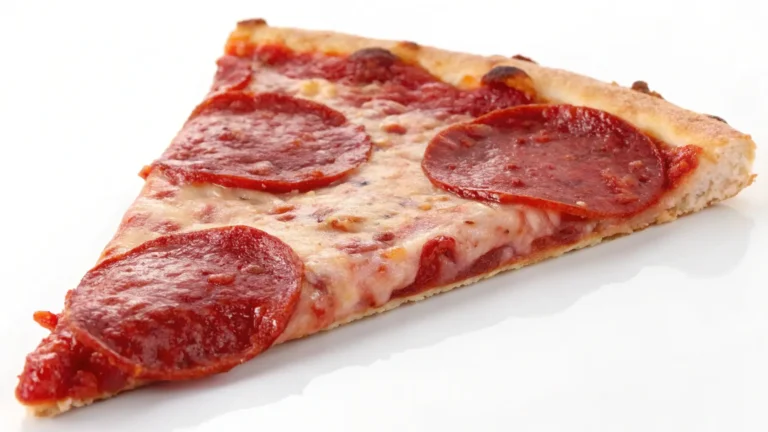 Pizza slice topped with traditional pepperoni, inspiring the question 'Is there a beef version of pepperoni?' for a pork-free alternative.