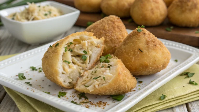 A close-up of Brazilian Coxinha, golden-brown, deep-fried, and crispy, with a creamy shredded chicken filling. The snack is served on a white plate, garnished with fresh green herbs, with more coxinhas in the background.