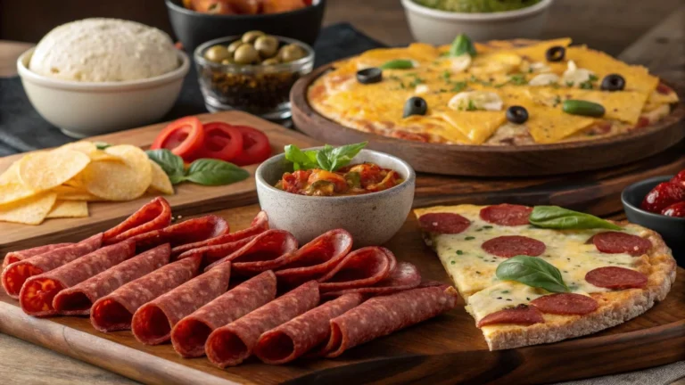 A visually rich composition showcasing beef pepperoni’s benefits, including a protein and keto-friendly label, a stack of crispy slices, a charcuterie board, and a vacuum-sealed package for meal prep.