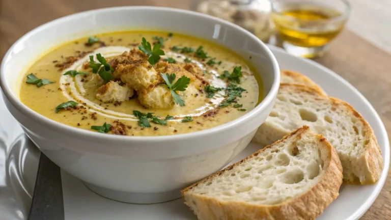 Creamy roasted cauliflower and garlic soup in a bowl