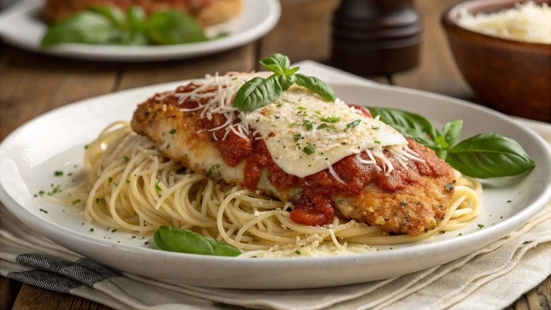 Delicious chicken parmesan pasta dish with melted cheese and fresh basil