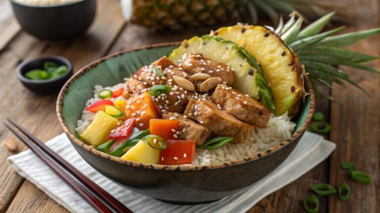 A beautifully plated Chicken Teriyaki Pineapple Bowl showcasing tender chicken, juicy pineapple, and colorful vegetables over a bed of rice, garnished with sesame seeds and green onions, set against a rustic wooden table.