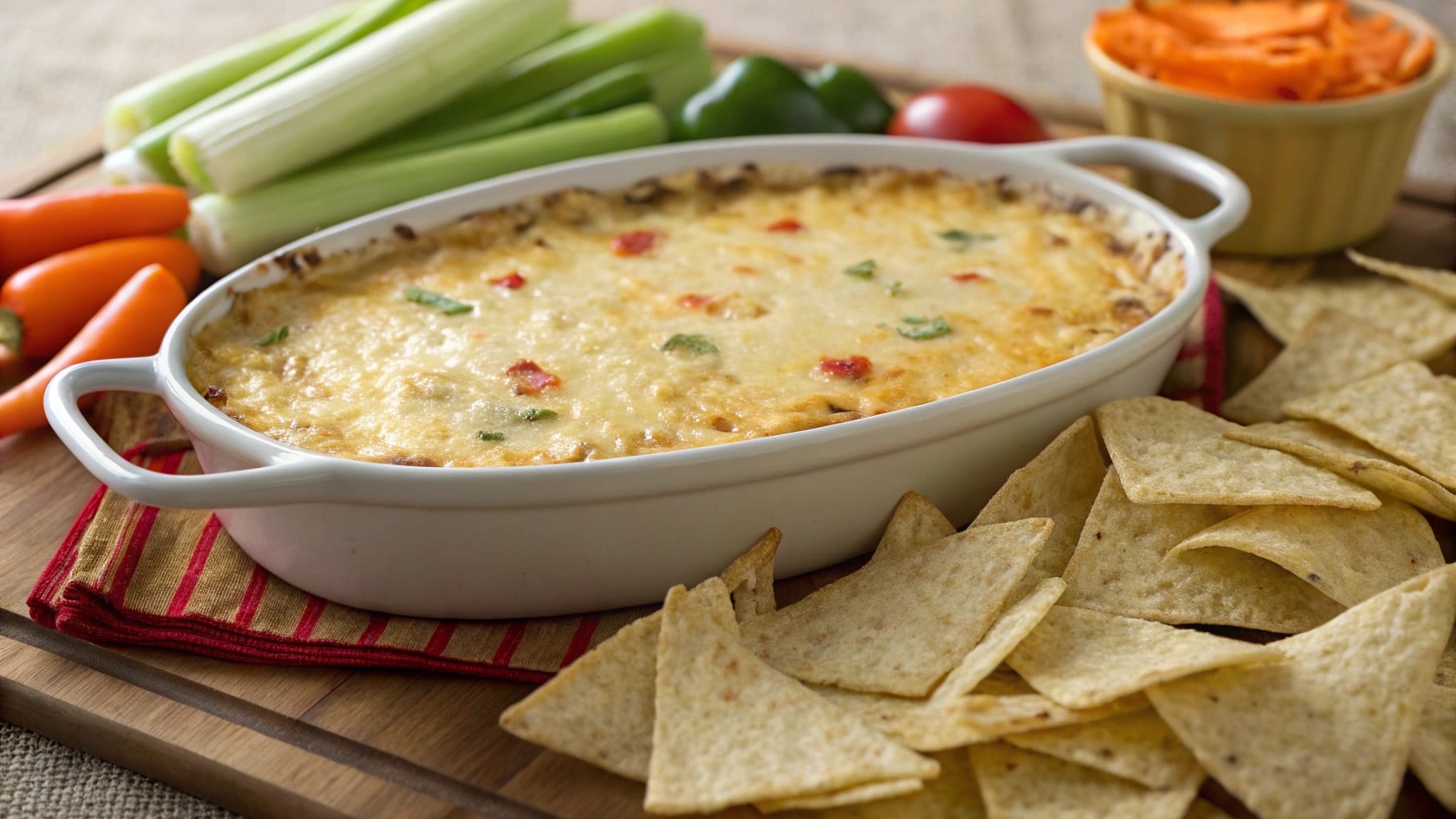 Cheesy Hissy Fit Dip served with tortilla chips.