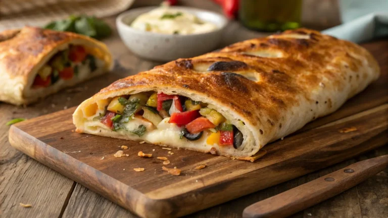 Delicious vegetarian stromboli with fresh vegetables and cheese