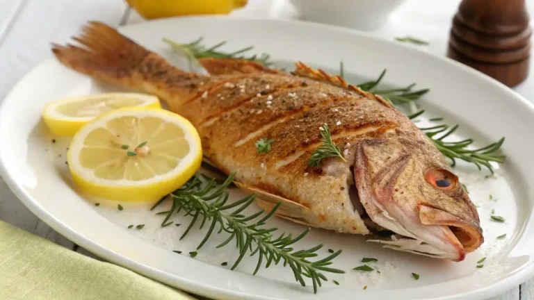 Crispy fried red snapper on a platter with lemon wedges.