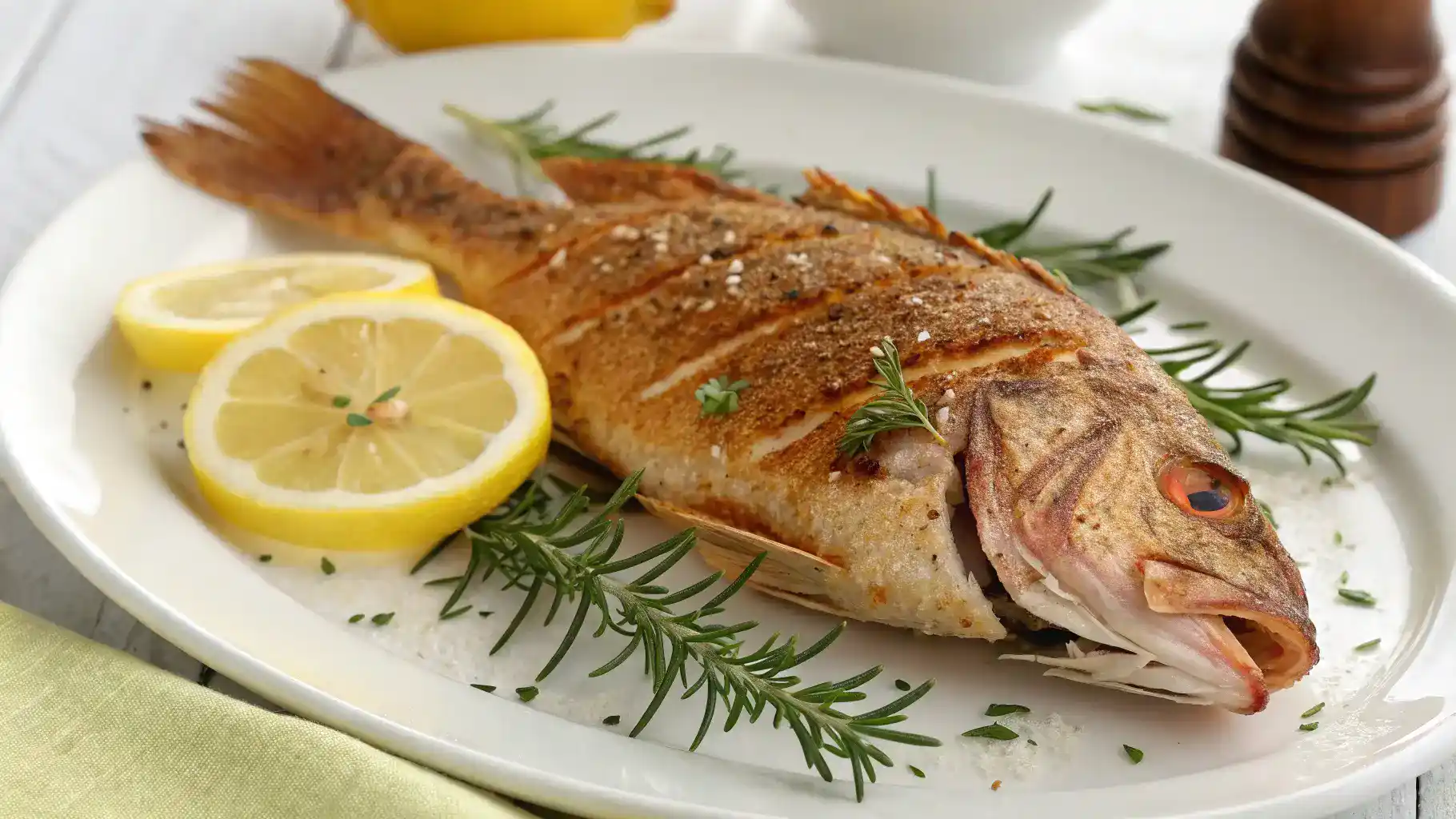 Crispy fried red snapper on a platter with lemon wedges.