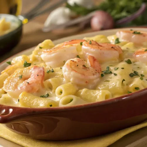 A bowl of creamy Shrimp Mac and Cheese topped with shrimp and cheese, garnished with parsley.