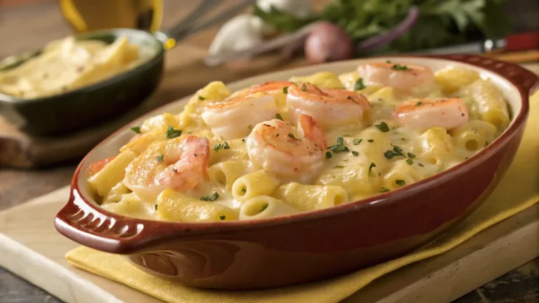 A bowl of creamy Shrimp Mac and Cheese topped with shrimp and cheese, garnished with parsley.