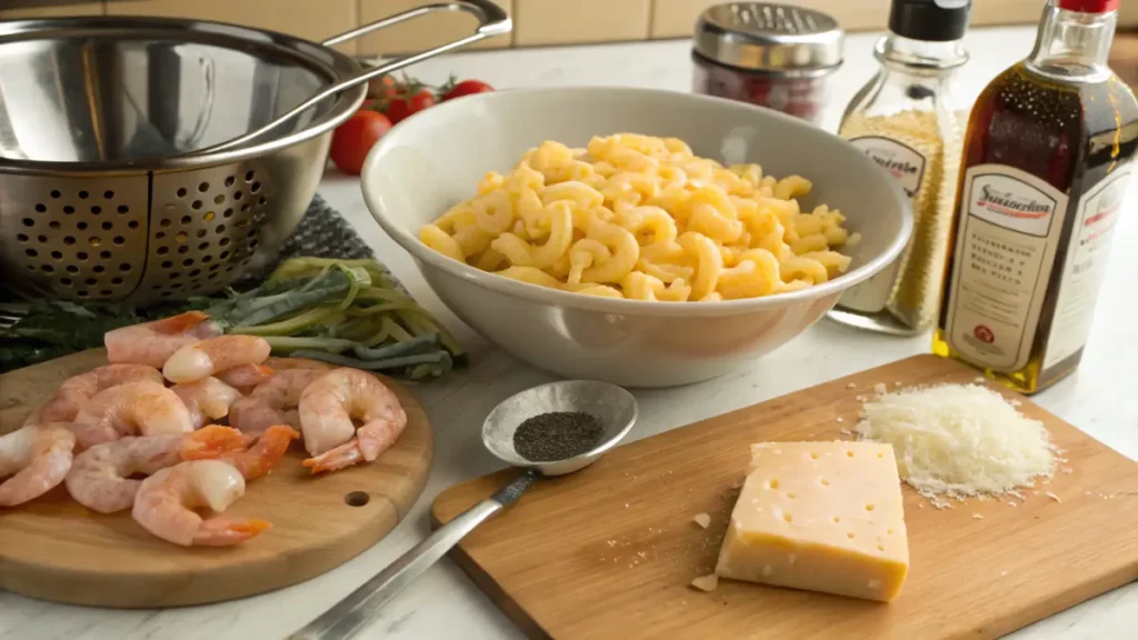 Pro tips for making Shrimp Mac and Cheese with fresh ingredients and utensils.