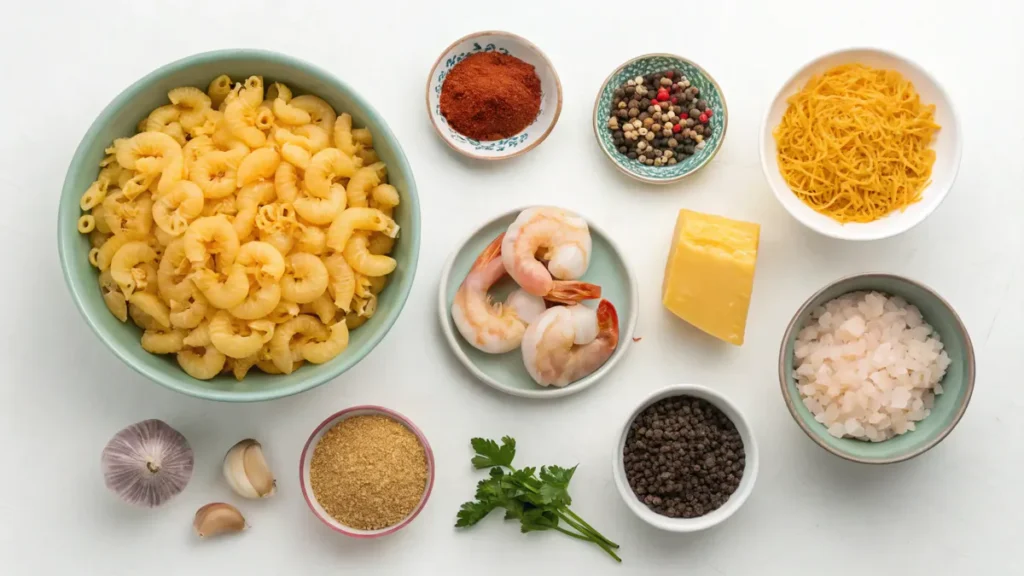 Ingredients for Shrimp Mac and Cheese including macaroni, shrimp, cheese, and spices.