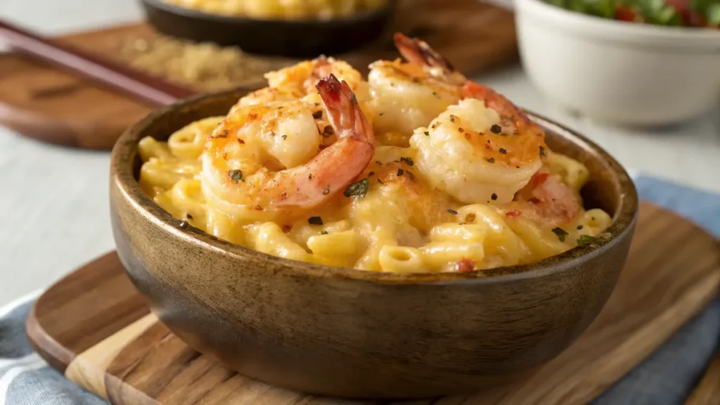 A rustic bowl of Shrimp Mac and Cheese, showcasing its creamy texture and shrimp.