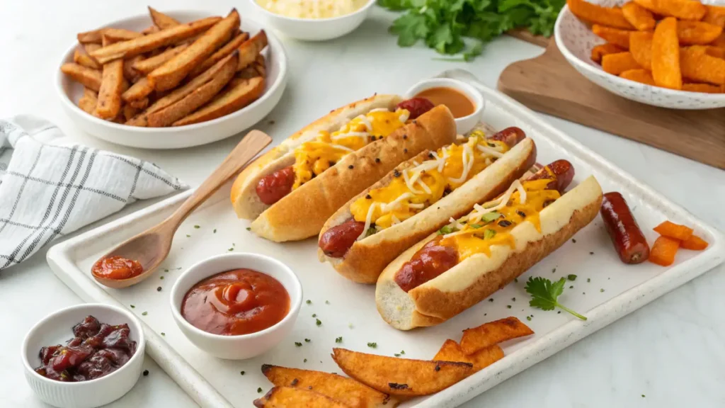 Air fryer grilled cheese hot dogs served with sweet potato fries and dipping sauces.