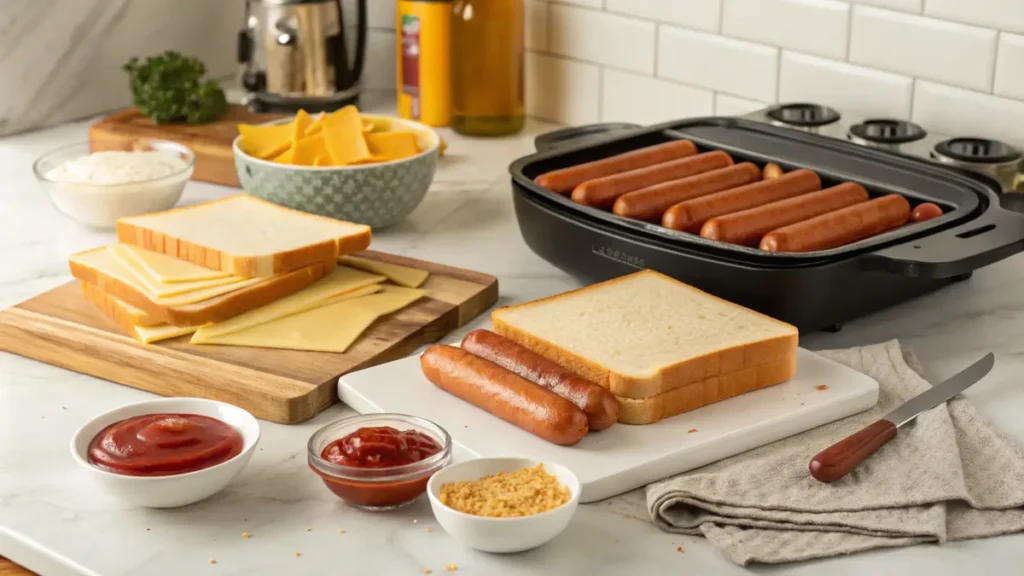 Ingredients for air fryer grilled cheese hot dogs including bread, cheese, and hot dogs on a kitchen counter.