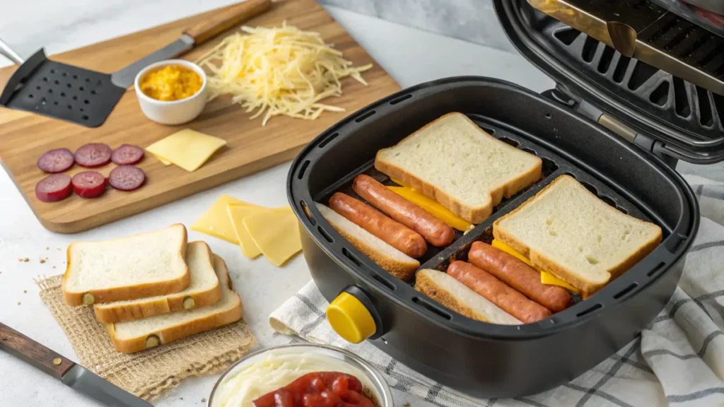 Pro tips for making air fryer grilled cheese hot dogs, including thick bread and various cheese options.