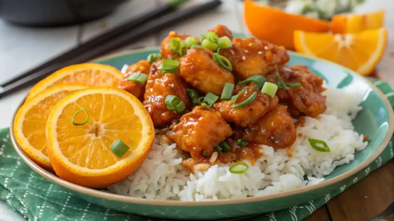 Delicious Orange Chicken with homemade sauce served over rice