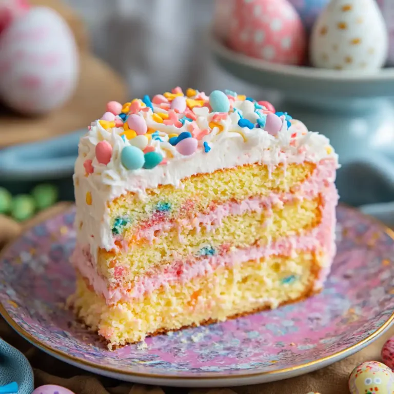 Slice of EASTER POKE CAKE 🐰 on a plate.