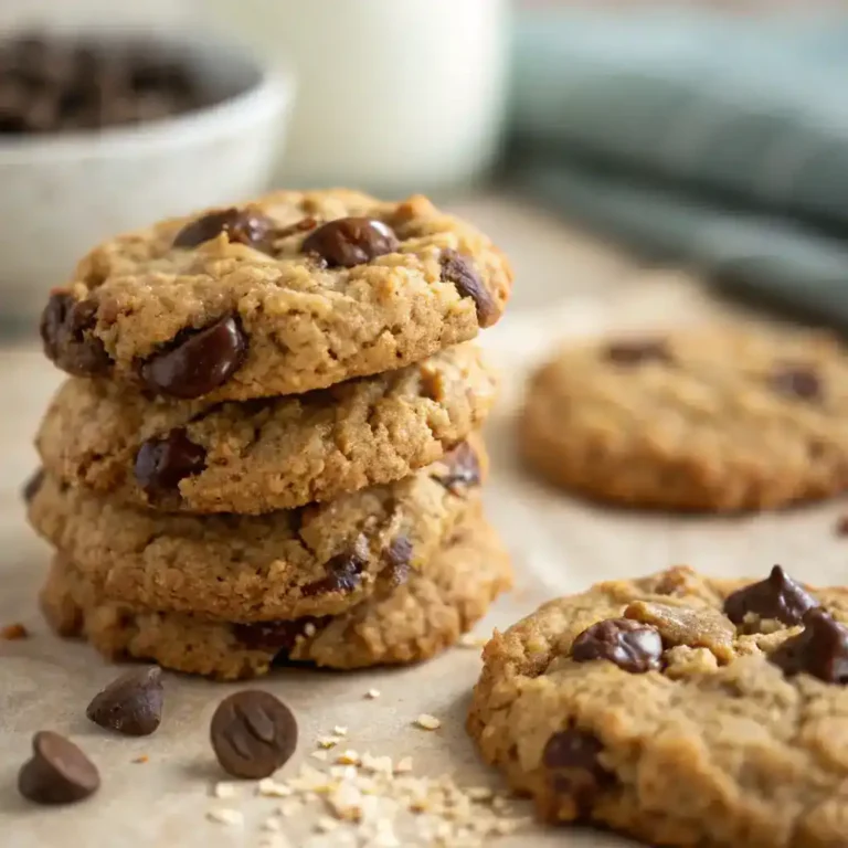 Close-up of a stack of chocolate chip oatmeal chewy cookies with chocolate chips and oats scattered around.