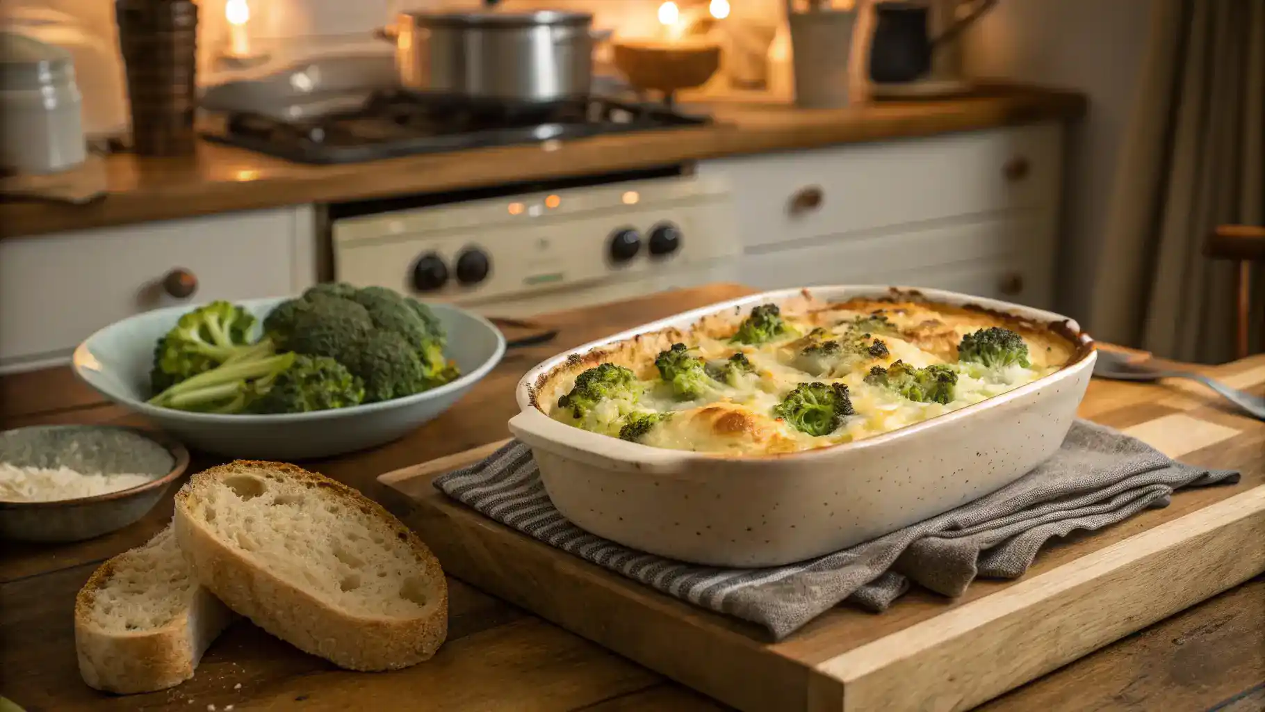 Cheesy broccoli casserole ready to serve