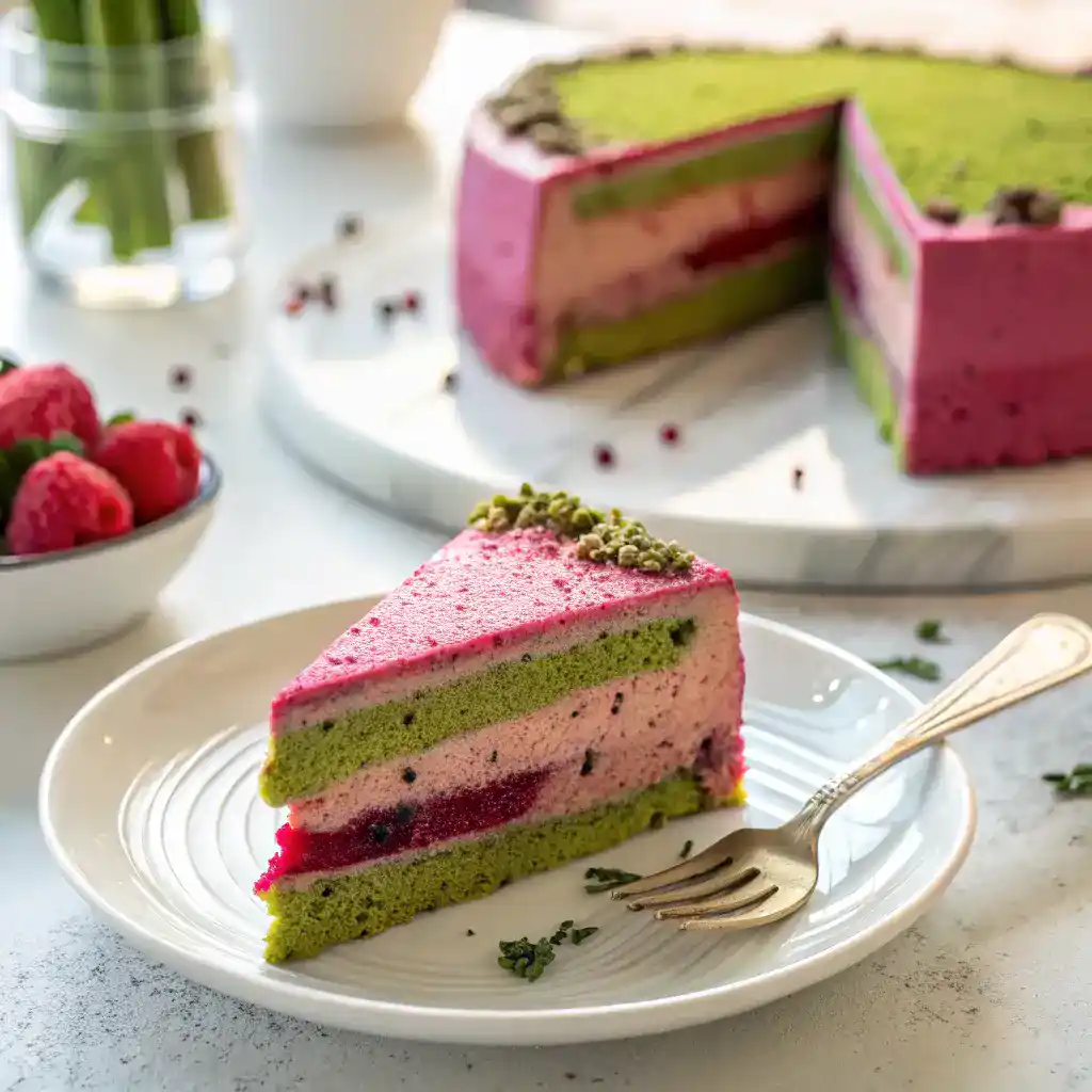 Slice of Dragonfruit Matcha Mousse Cake