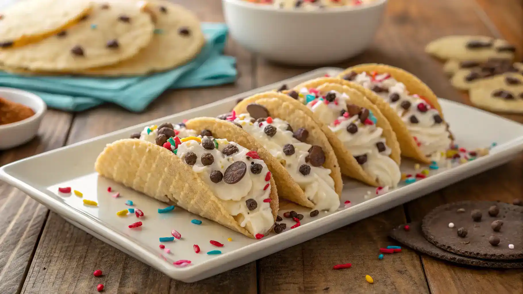 Delicious cheesecake cookie dough tacos on a plate