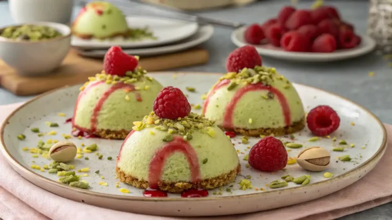 Close-up of a Pistachio and Raspberry Cheesecake Dome