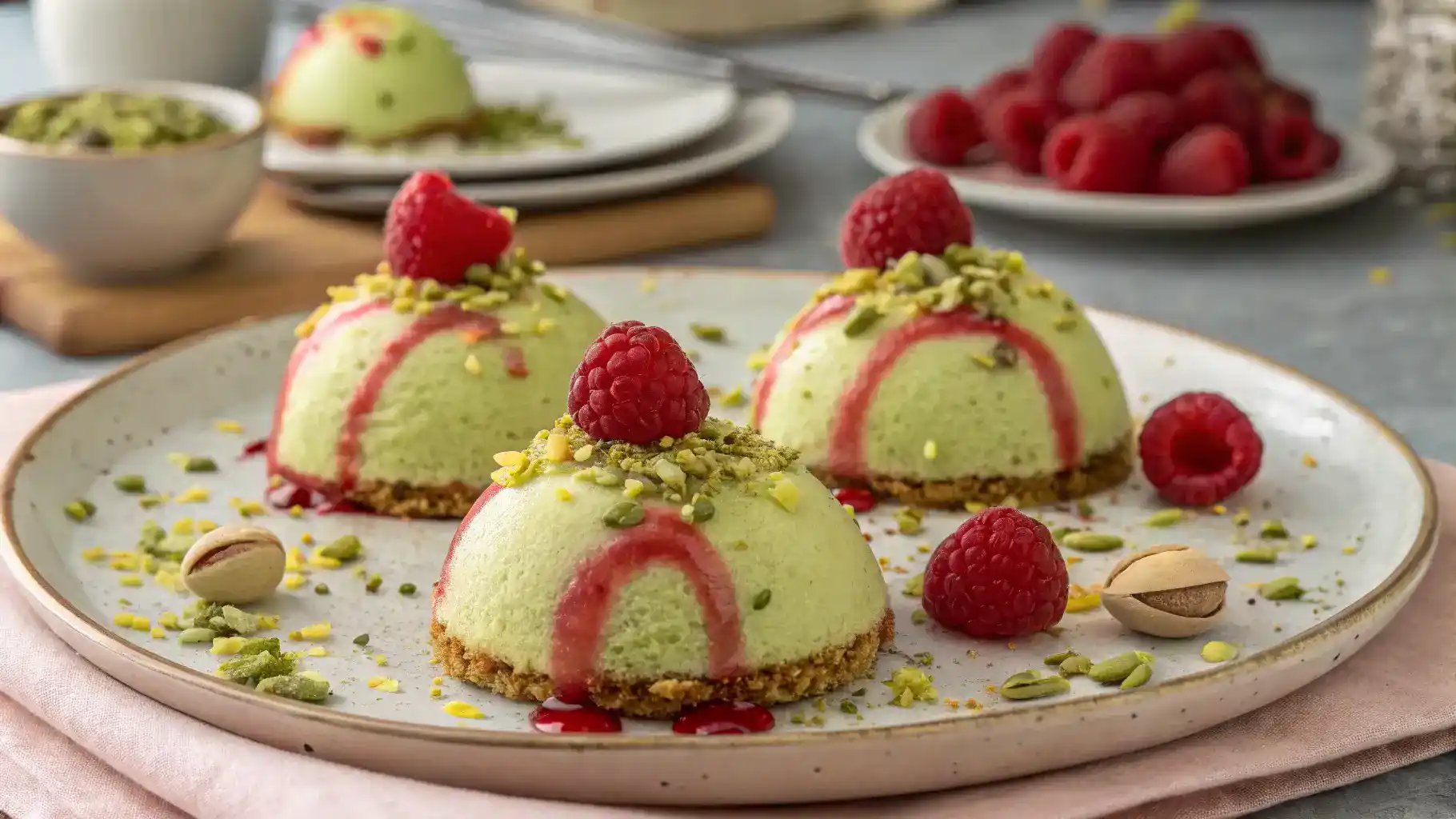 Close-up of a Pistachio and Raspberry Cheesecake Dome
